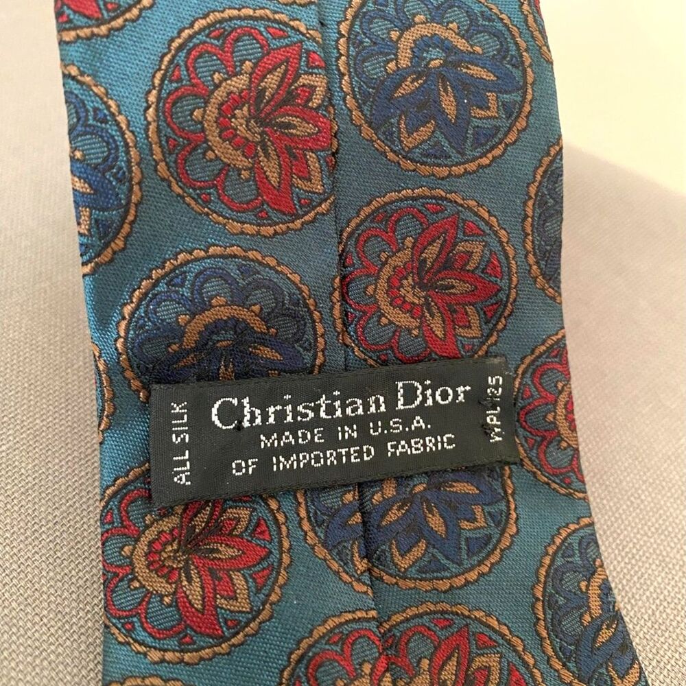 Christian Dior Monsieur VTG Silk Tie Medallion Geometric Blue Red Necktie Preppy